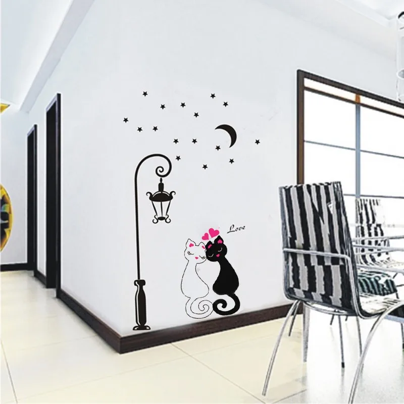 LVIN Lovable Couple Cat Under Street Light Moon Star Wall Stickers