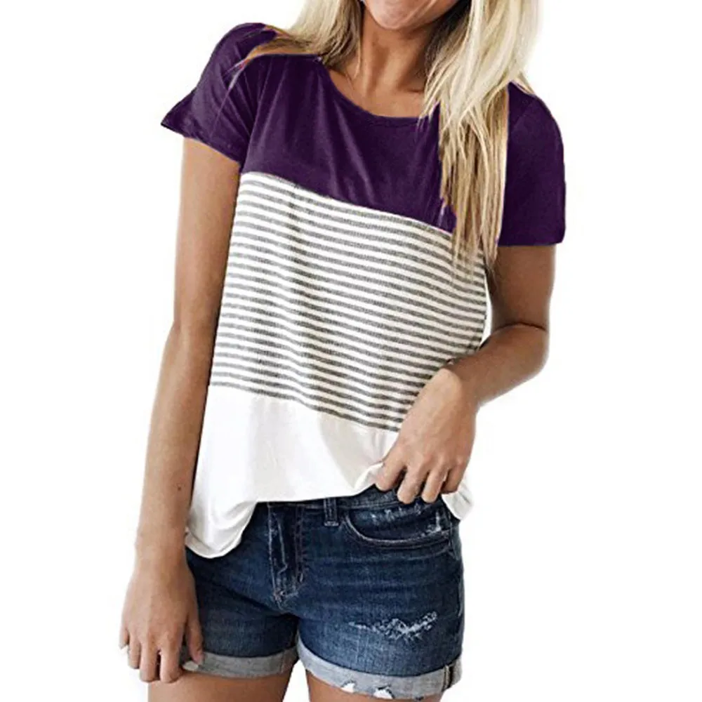 

women's blouse Women summer Short Sleeve Triple Color Block Stripe Casual Blouse