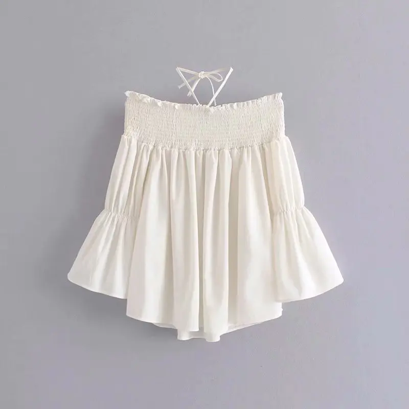 

women sexy off shoulder elastic pleats ruffles casual linen blouse shirts women flare sleeve linen blusas chemise tops LS3532