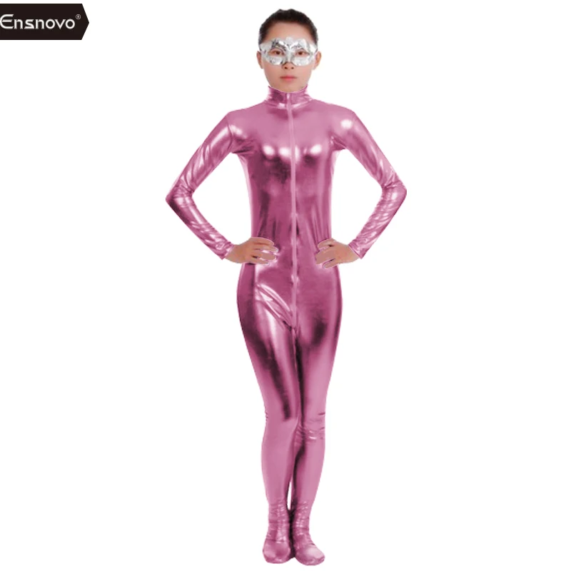 Ensnovo из нейлона и лайкры Блестящий металлический комбинезон с воротником синий Unitard женский полный тела пользовательский костюм кожи Косплей Костюм для вечеринки - Цвет: Pink