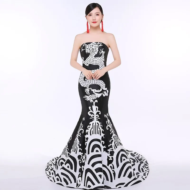 Sirena estilo восточные vestidos de noche largo vestido chino для женщин Qipao Negro Dragón ropa Cheongsam disemino personalizado