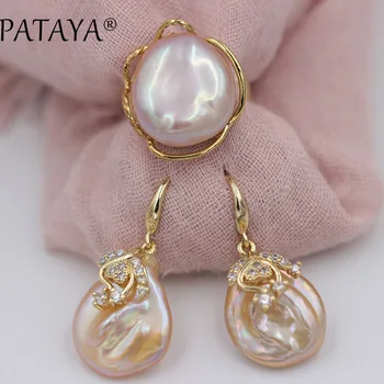 

PATAYA New Natural Freshwater Irregular Pearls Open Gold Rings Zircon Earrings Sets Women Romantic Luxury Wedding Party Jewelry