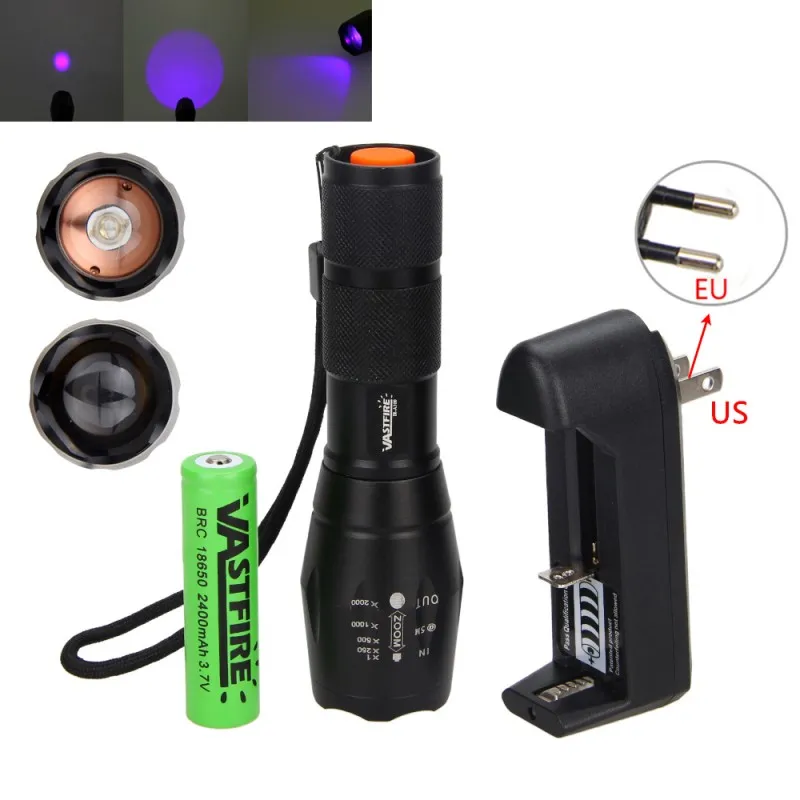 

395nm Adjustable Focus UV Flashlight 2x LED Ultraviolet Purple Blacklight Torch for Professional Fluorescent Agent Detection