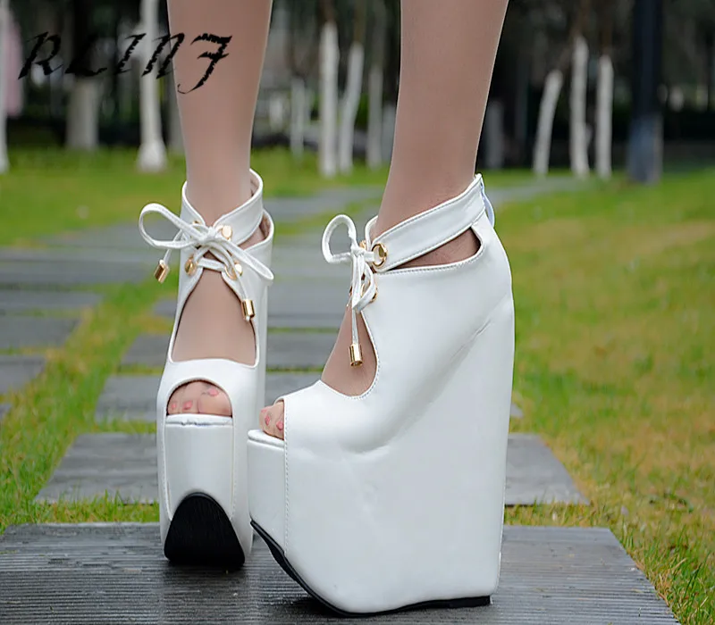 RLINF/ г., новые летние белые босоножки на танкетке пикантная женская обувь с открытым носком на водонепроницаемой платформе с ремешком 18 см