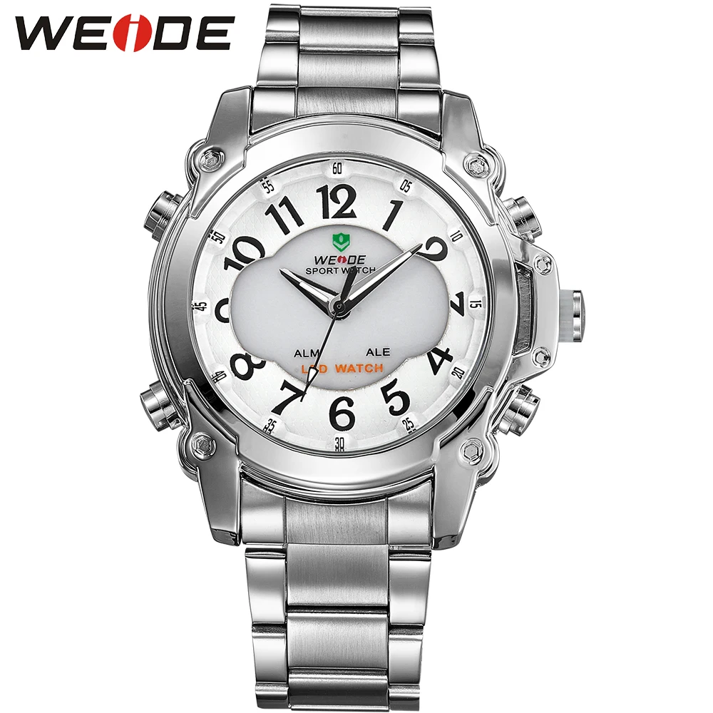 ФОТО WEIDE Men Outdoor Sports Quartz Watch 3ATM Waterproof Analog Digital Auto Date Alarm LED Steel Band Military Men Wristwatch Gift