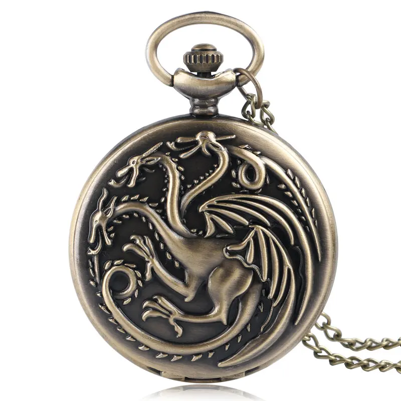 

Retro Bronze House Targaryen Drogan Design Fob Watches Game of Thrones Theme Quartz Pocket Watch Necklace Chain for Gifts