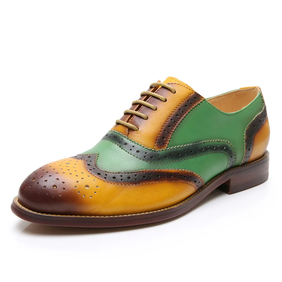 Yinzo/женские туфли-оксфорды из натуральной кожи на плоской подошве; женские кроссовки; женские броги в винтажном стиле; повседневная обувь для женщин; модель года; Цвет зеленый, коричневый - Цвет: green yellow