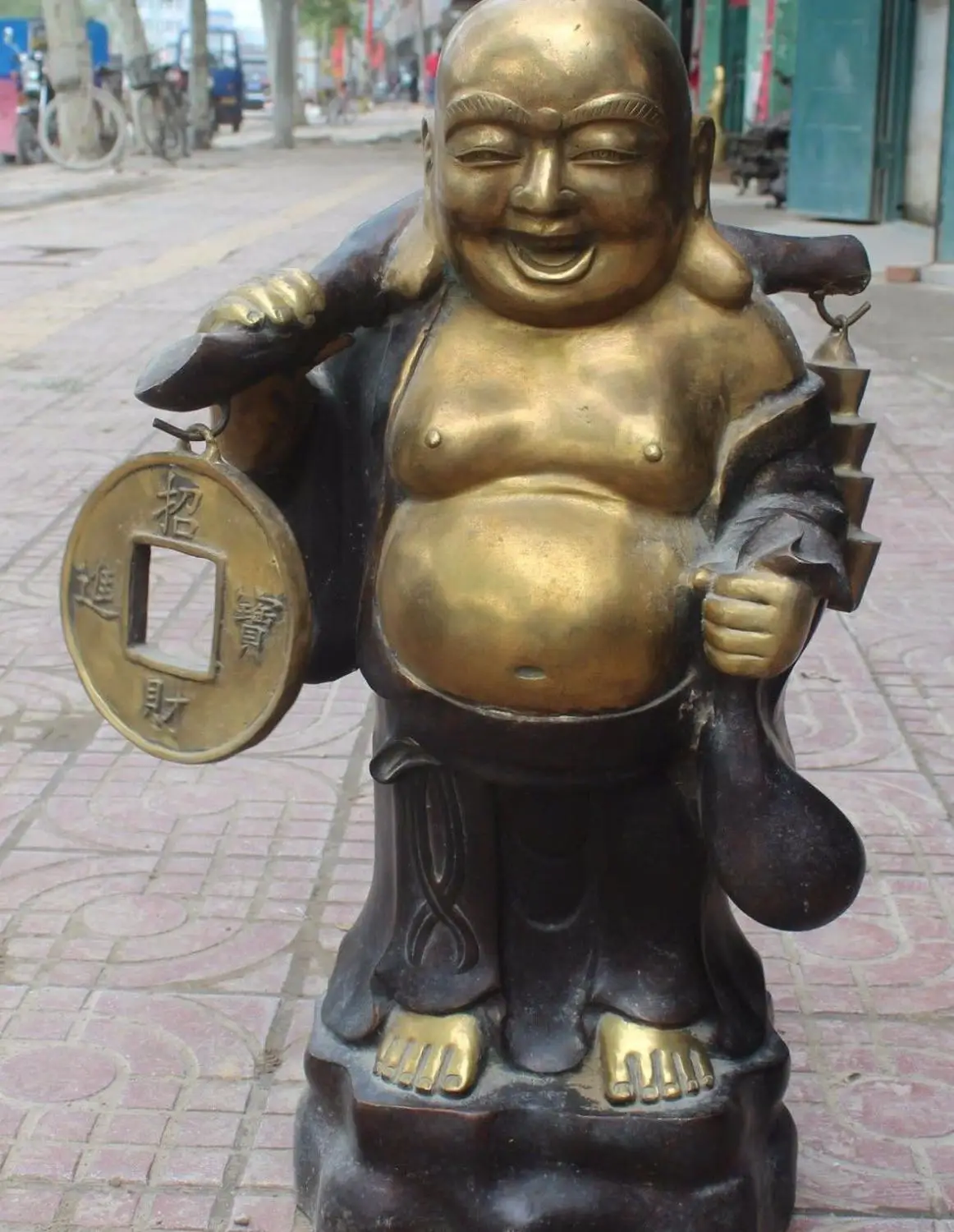 

25" Chinese Buddhism Bronze Gilt Wealth Coin Happy Laugh Maitreya Buddha Statue