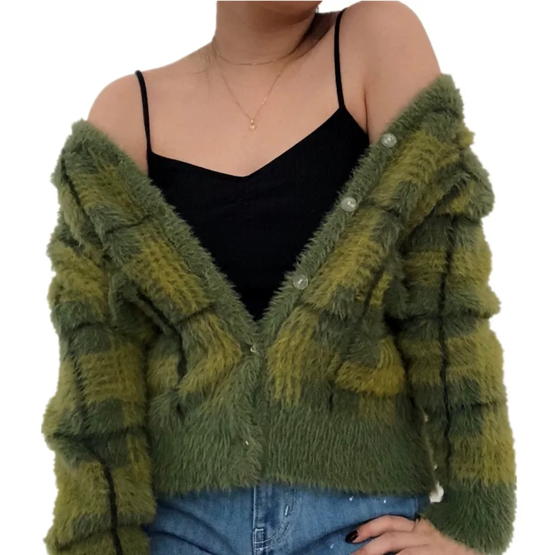 New Vintage Plaid Green Plush Knitted Cardigan V-neck Loose Sweater Trend Autumn Winter 2019 Winter Clothes Sweater Women New Vintage Plaid Green Plush Knitted Cardigan V-neck Loose Sweater Trend Autumn Winter 2019 Winter Clothes Sweater Women