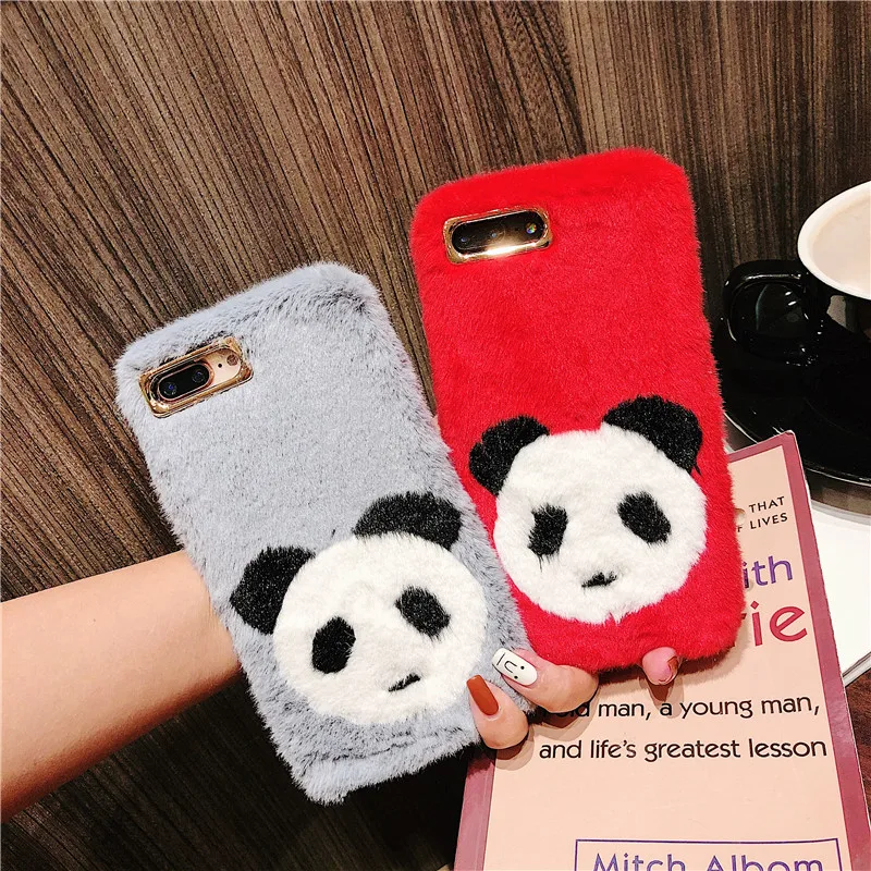 Ayeena Fluffy Fake Hair Panda Image Plush Case For iphone