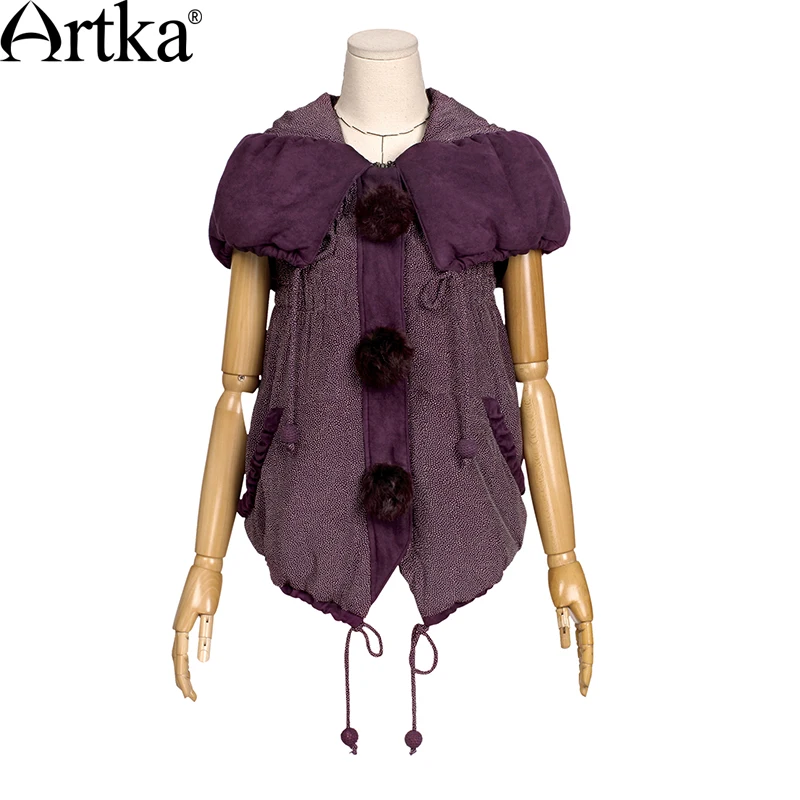 ARTKA Women Sleeveless Jacket Coat 2018 Autumn Outerwear With Hood Vintage Puffer Jacket With Pom Pom Winter Outerwear WA10123D