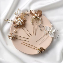 Металлические золотые серебряные украшения для волос для выпускного вечера, жемчужные заколки для волос, роскошный, Кристальный, со стразами, палочки для волос для женщин, девушек, цветочный дизайн