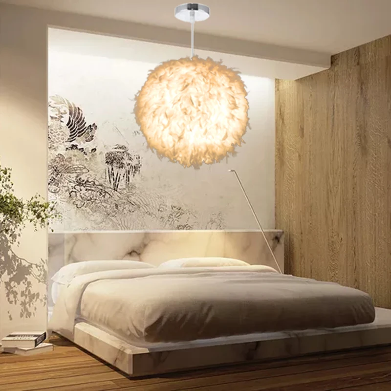 5W 220V White Feather Shade Pendant Light E27 LED Ceiling Droplight Bedroom Living Room Decoration Lamp