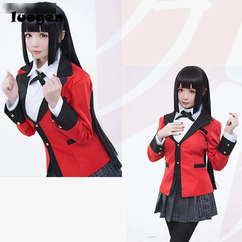 Goedkoop Anime Kakegurui Yumeko Jabami Cosplay Kostuums Japanse School Meisjes Uniform Volledige Set jas + shirt + rok + kousen + tie