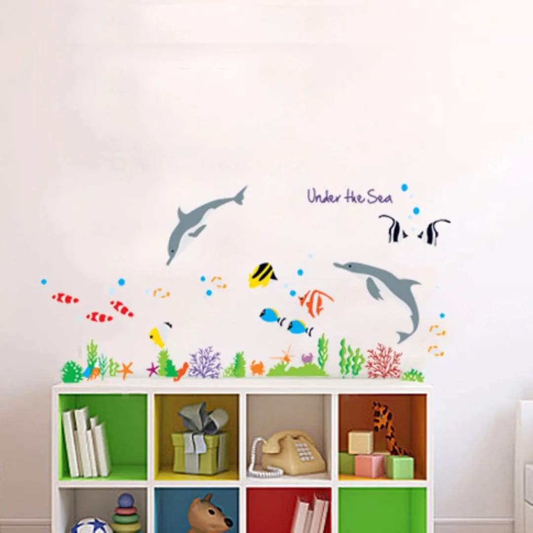 Newest  Dolphin & Fish Bathroom Decor Wall Stickers Paper Kids Bedroom Vinyl Paper