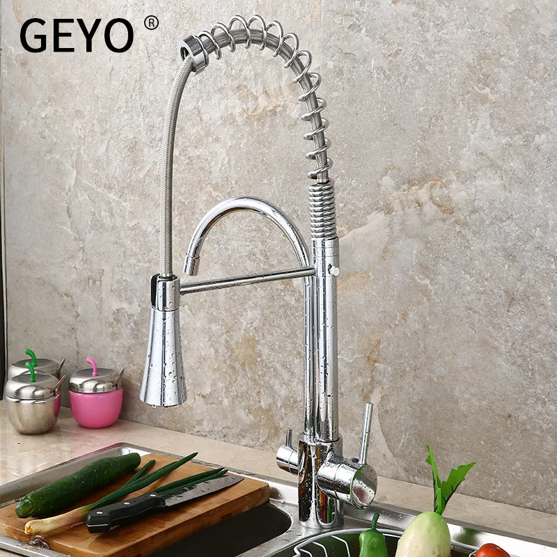 

Chrome Spring Pull Down Kitchen Faucet Dual Spouts 360 Swivel Handheld Shower Kitchen Mixer Crane Hot Cold 2 Outlet Spring Taps