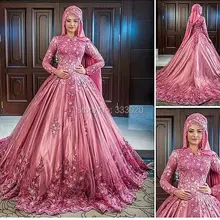 High Neck Long Sleeves Satin Hijab Muslim Evening Dresses with Lace Appliques and Flowers Formal Evening Gown robe de soiree