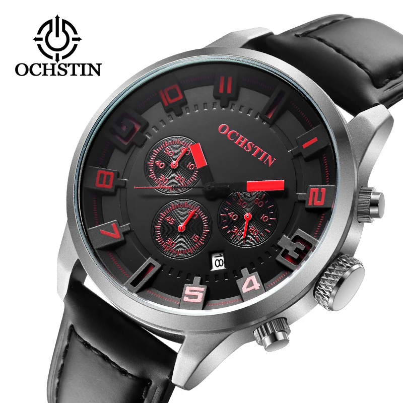 

2018 New Watch Men Brand Ochstin Sport Watches Men's Leather Quartz Waterproof Chronograph Hour Clock Military Army Fashion