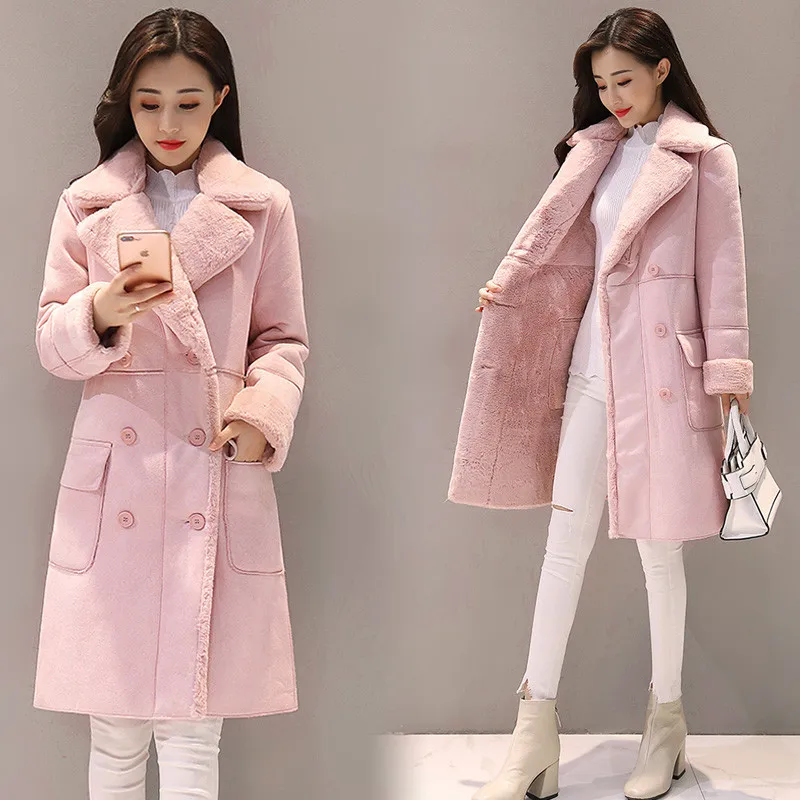 Зимнее женское пальто из овечьей шерсти плюс бархатное повседневное двубортное кашемировое пальто женская элегантная верхняя одежда с длинным рукавом R537
