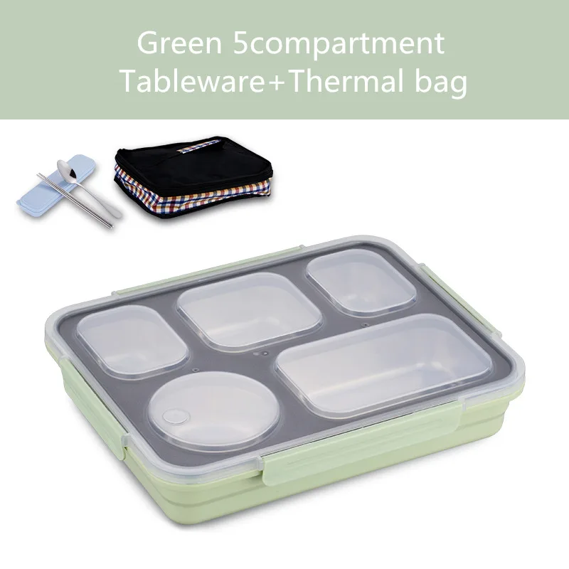 Baispo Leakproof Lunch Box Thermal Bento Box with Tableware Food Container with Compartments For Students Office Worker - Цвет: Green 5 set