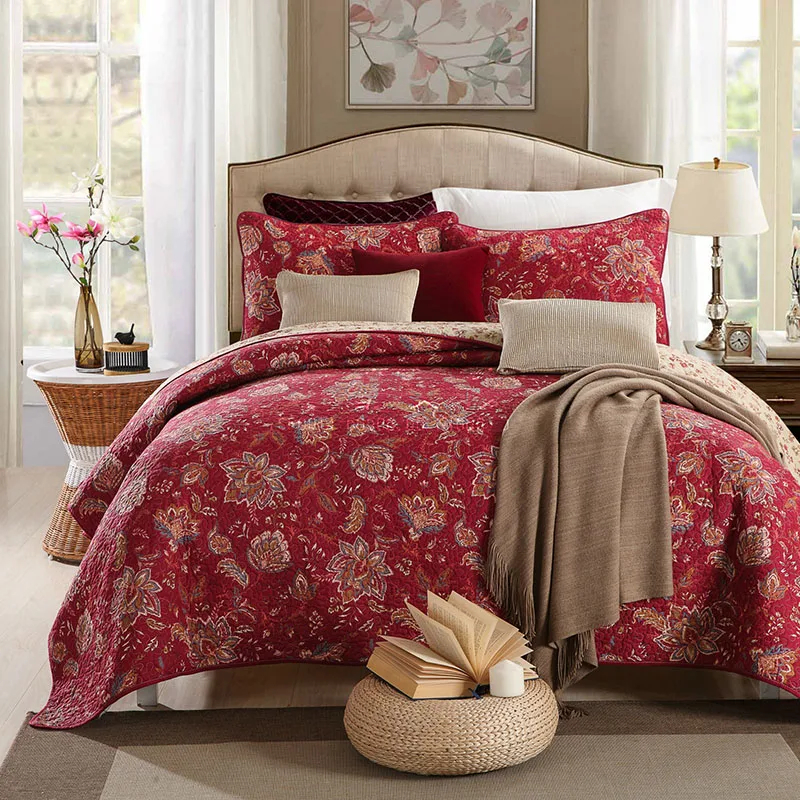 Vintage Print Cotton Bedspread Quilt Set Coverlet 3pcs bedding Quilts
