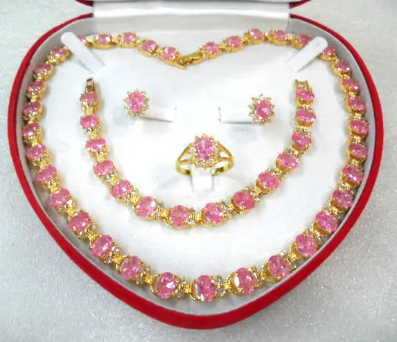 

HOT SELL - noble and generious pink zircon necklace earring bracelet and ring sets fro valentine's day gift -Top quality free sh