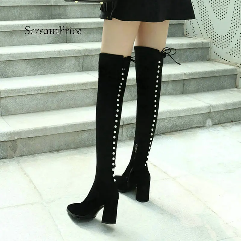

Women Suede String Bead With Side Zipper Over The Keen Boots Fashion Pointed Toe High Heel Winter Elastic Boots Black