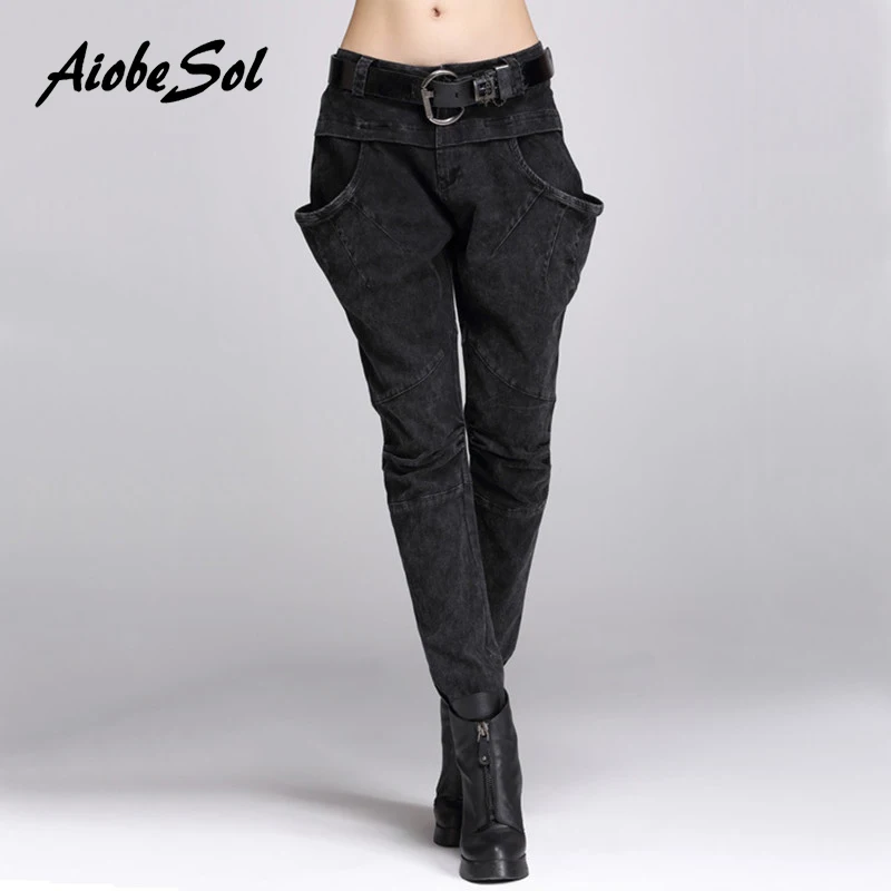 

High Quality Spring Autumn Women Black Jeans Trousers Female Personality Slim Large Pockets Zipper Pencil Pants Harem Pants