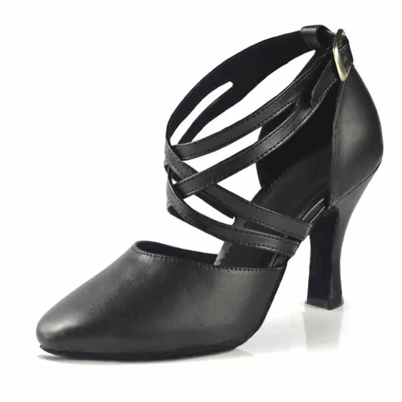 Leather ballroom shoe for ladies 2 laces square heel close toe ballroom practice shoe woman Black woman dance shoes 6401