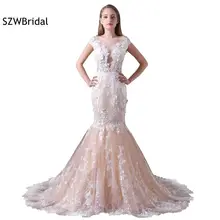 Новое поступление, вечернее платье русалки с круглым вырезом и коротким рукавом, кружевное официальное платье с аппликацией, недорогие вечерние платья