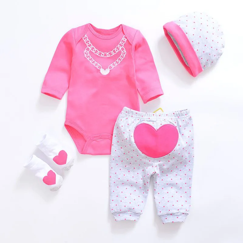 Милые комплекты одежды для малышей, хлопковые комплекты одежды для маленьких девочек, костюм для новорожденных девочек, 4 предмета, комбинезон с длинными рукавами+ штаны+ носки+ шапочка для детей - Цвет: color as photo
