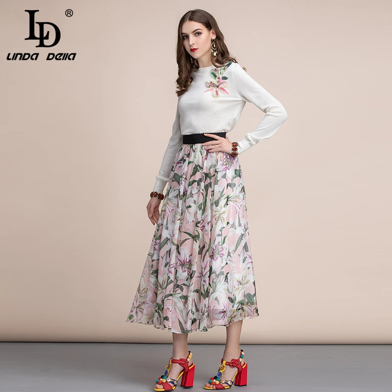 LD Linda della для отдыха, модный стильный летний Миди-юбки Для женщин с эластичной резинкой на талии элегантные лилии Цветочный принт Повседневное юбка трапециевидной формы