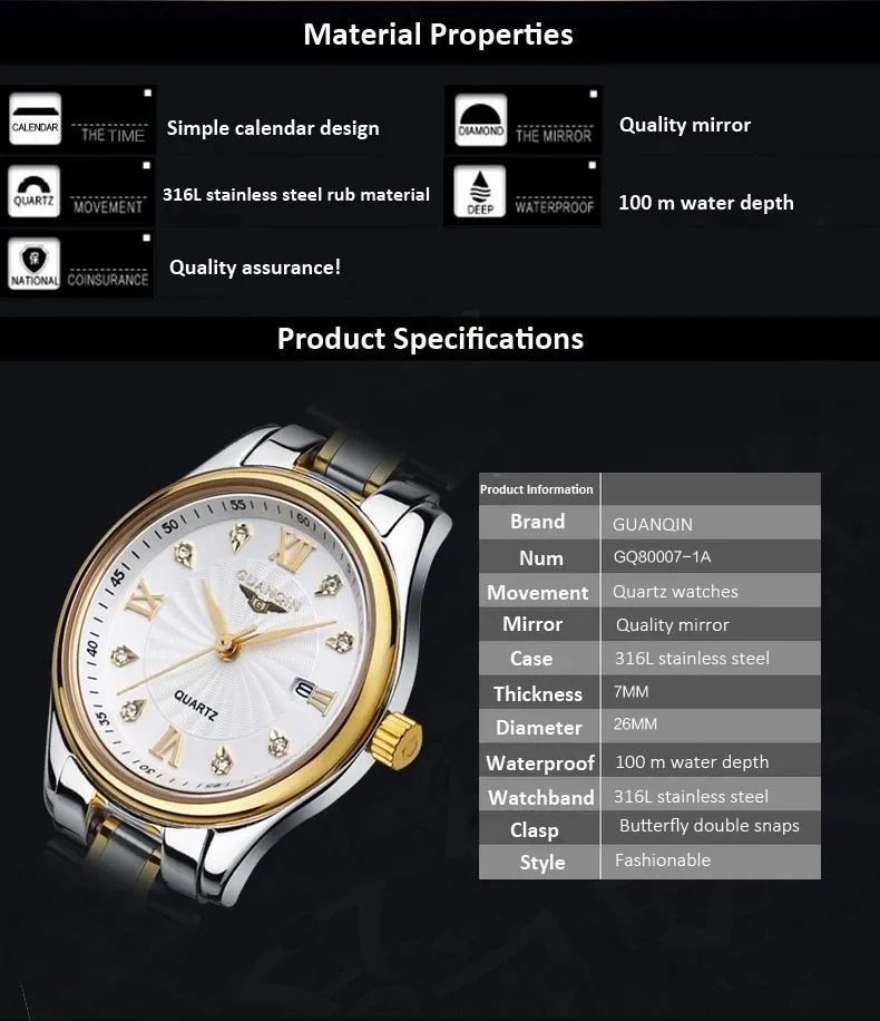 GUANQIN, женские роскошные брендовые модные кварцевые часы, водонепроницаемые, из нержавеющей стали, Ремешки для наручных часов, Relogio Feminino Montre Femme