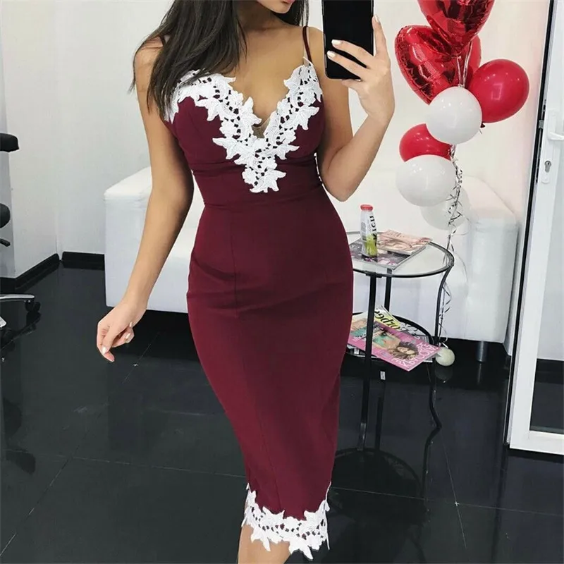 

Women Lace V-neck Sexy Dress Female Bodycon Cocktail Party Knee-length Pencil Dress Lace Patchwork Suspenders Slim Dresses Hot