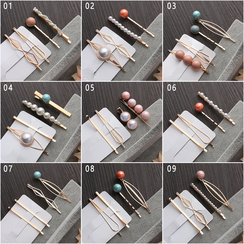 4 pcs/set Women Fashion Metal Hairpins Korea Imitation Pearl Beads Hair Clips Irregular Geometric Hair Styling Accessories