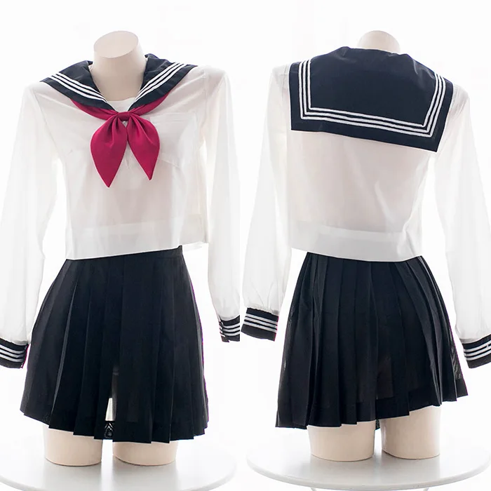 

Transparent Black JK uniform ultrashort Sailor suit Chiffon Pleated skirt Private home Costumes long sleeve short sleeve