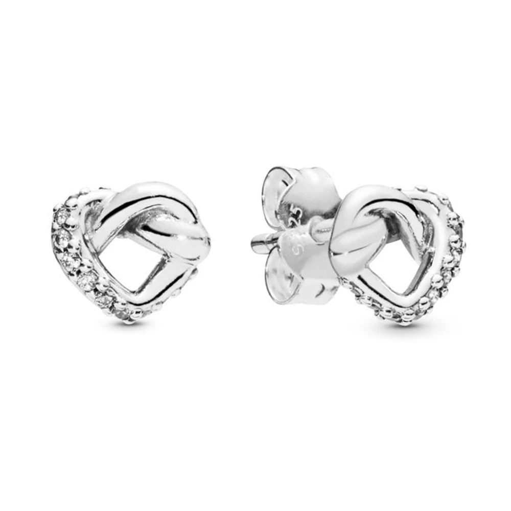 

100% Real 925 Sterling Silver Knotted Heart Stud Earrings For Fashion Women Jewelry Gift