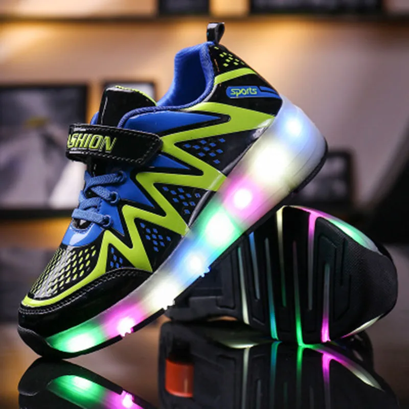 Модная обувь для мальчиков светящиеся кроссовки детские туфли со светодиодной подсветкой Детские кроссовки с колеса роликовые коньки обувь