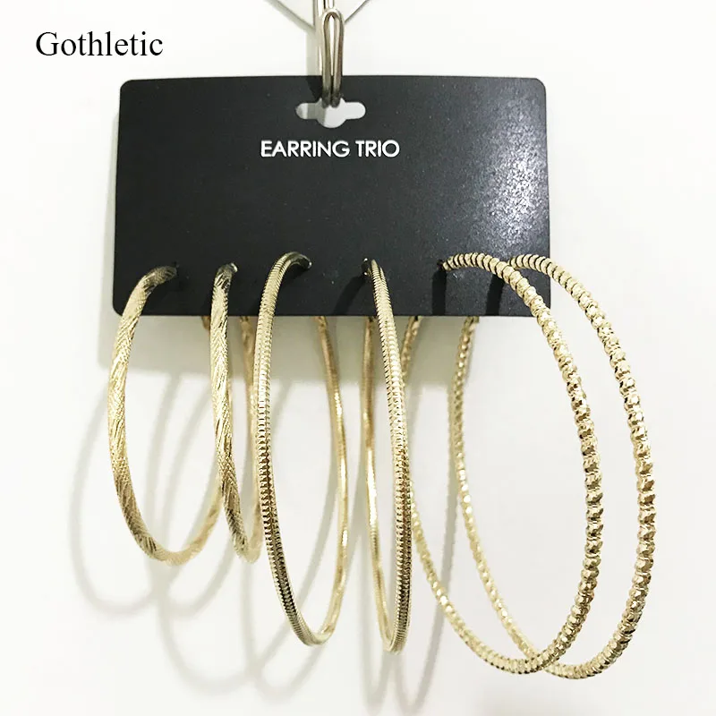 

Gothletic Hoop Earrings Set 60/70/80MM Gold/Rhodium Color Textured Metal Round Circle Earrings for Women Brincos Fashion Jewelry