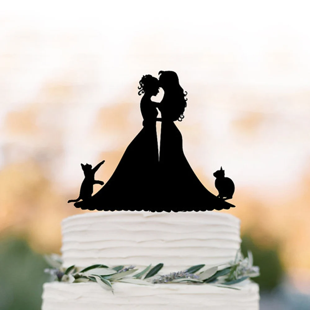 Lesbian wedding custom cake topper with cat,same sex couple silhouette cake topper, mrs and mrs wedding cake topper with acrylic