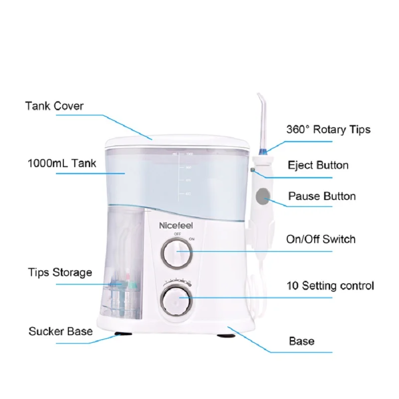 Beste Nicefeel Monddouche   Dental Water Flosser met 1000 ml Water Tank + 7 Tips met Verstelbare Druk Water Pick