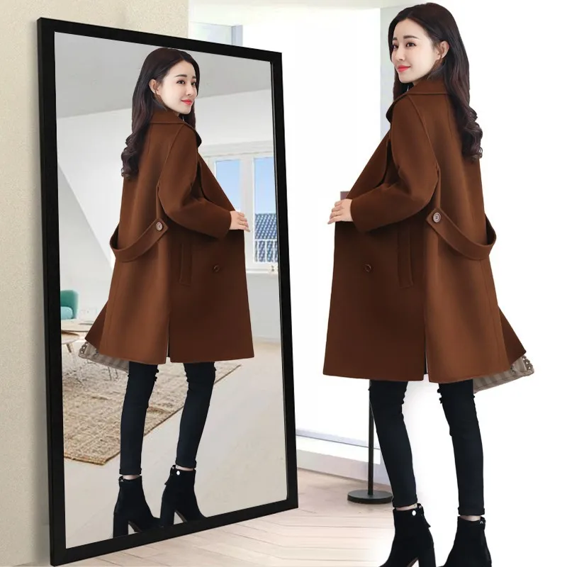 Col Manteau Laine Solide Dames Slim Cachemire Breasted camel Long caramel Noir Turn Office down Manteaux Green Lady army Veste Mélange Double Femmes En nwgCqzqZ