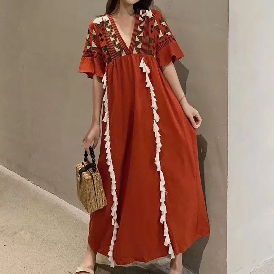 

KIYUMI Dress Women Embroidered Summer Dress Short Sleeve V-neck 2019 Loose Casual Tassel More Color Heavy Boho Cotton Maix Dress