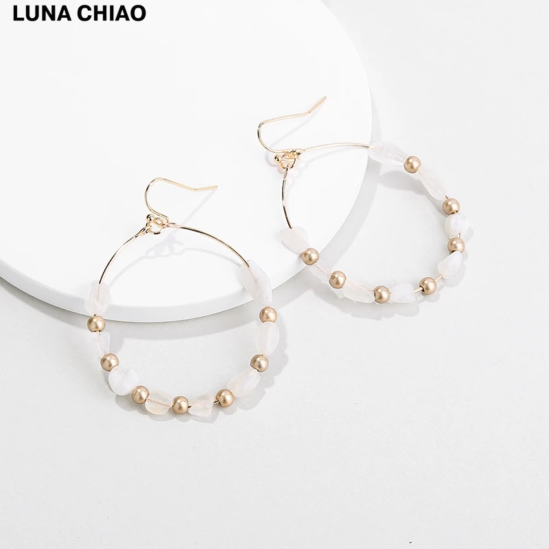 Fashion Stylish Cooper Big Circle Natural Moon Stone Earrings Round