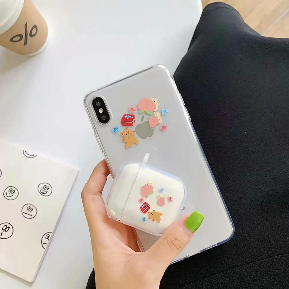 

ORYKSZ Cartoon Peach Bear Silicon Phone Case For iphone XR X XS Max 6S 6 7 8 Plus Ultra Slim Cover+ For Airpods Protective Cover