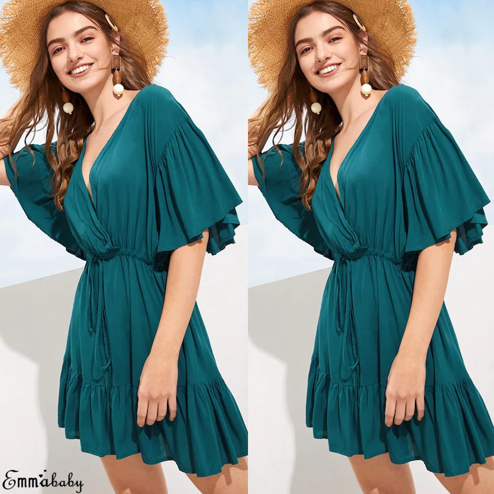 Hirigin бренд Vestidos элегантное новейшее сексуальное платье женское лето зеленый v-образный вырез жабо мини платье Летнее пляжное спортивный Сарафан