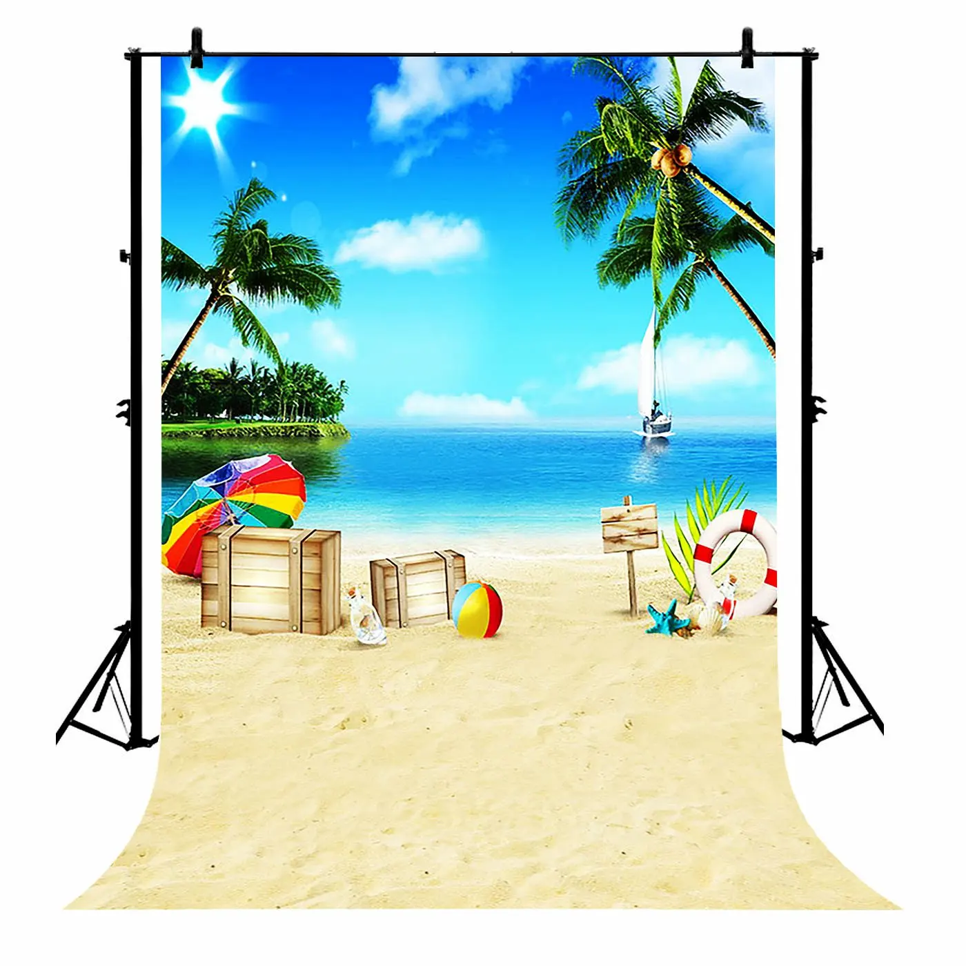 

5x7ft Sun Sky Clouds Sailboat Palm Tree Ocean Beach Hawaii Party Polyester Photo Background Portrait Backdrop