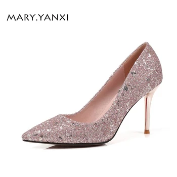 

Spring/Autumn Women Lady Shoes Genuine Leather Pumps Party Fashion High Heel Pointed Toe Shallow Slip-On Sequined Cloth Bling