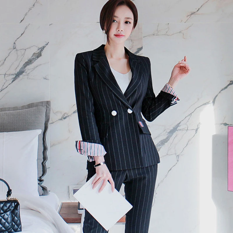 2018 Autumn Winter New Double Breasted Striped Pant Suits