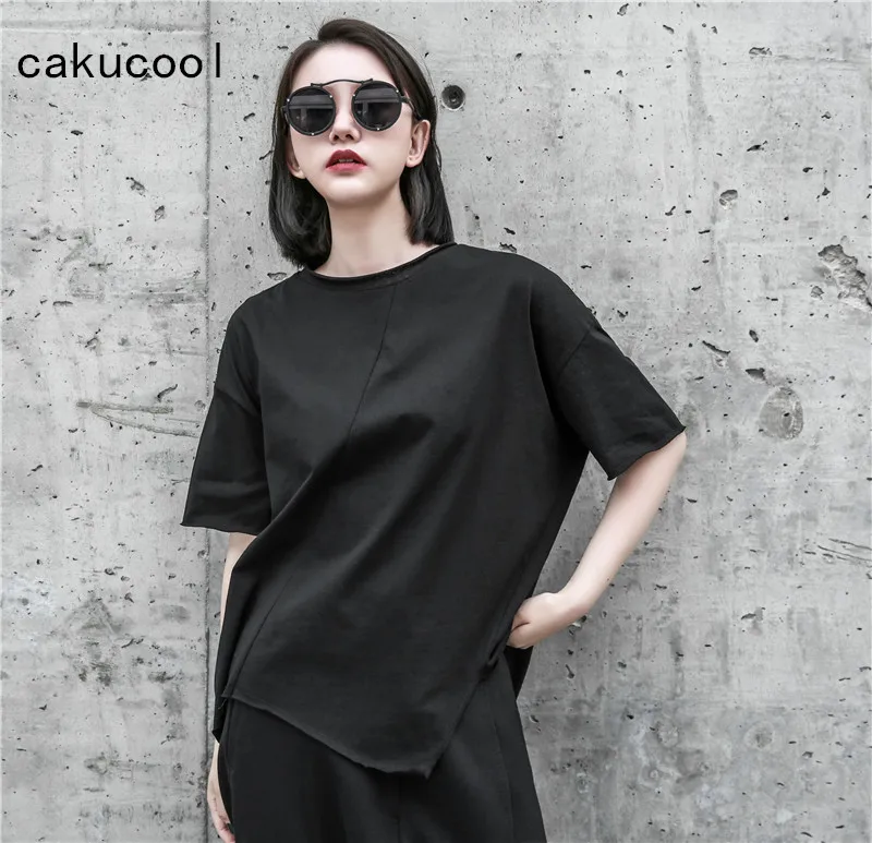

Cakucool New Tshirt Women Summer Tops Short Sleeve Japanese Minimal T Shirt Asymmetric Casual Loose Tee Shirt Femme Black White